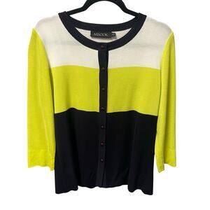 Misook Button Front Navy Yellow White Color Block Cardigan Sweater Womens Medium
